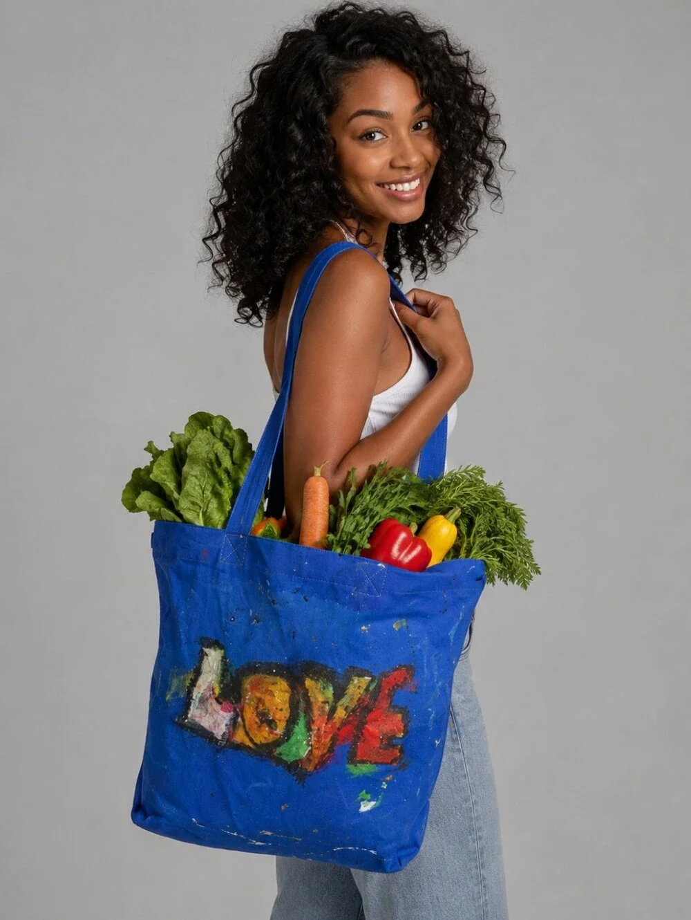 Vintage-Styled Blue Nylon “LOVE” Hand-Painted Folk Art Reusable Shopping Tote